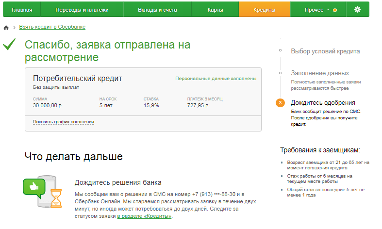 Узнать статус заявки на кредит в Сбербанке