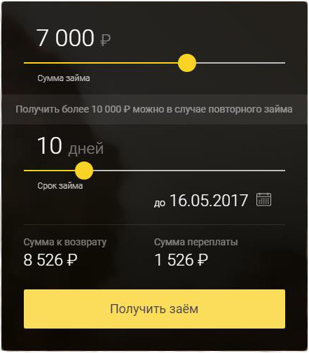 Выбор размера займа до зарплаты